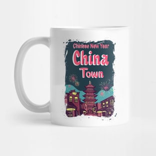 ChinaTown II: Retro Synthwave Fireworks - Vibrant Blues, Reds, and Yellows Mug